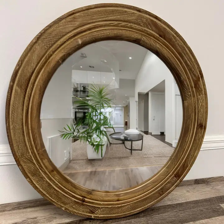 Round Mirror with Distressed Wood Frame 23.38" Diameter