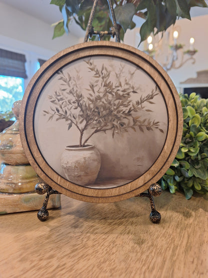 8" Round Framed Olive Tree Art