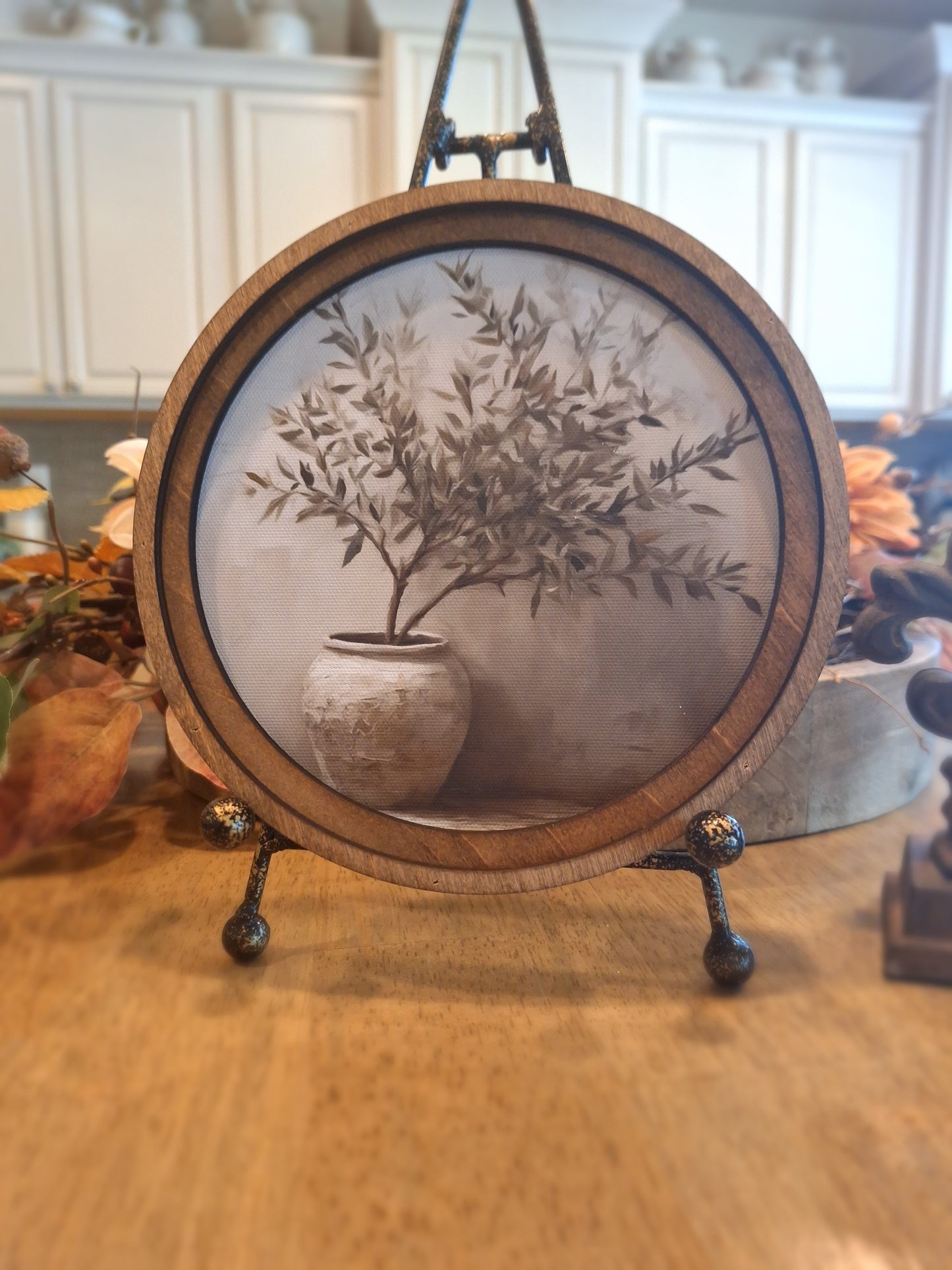 8" Round Framed Olive Tree Art