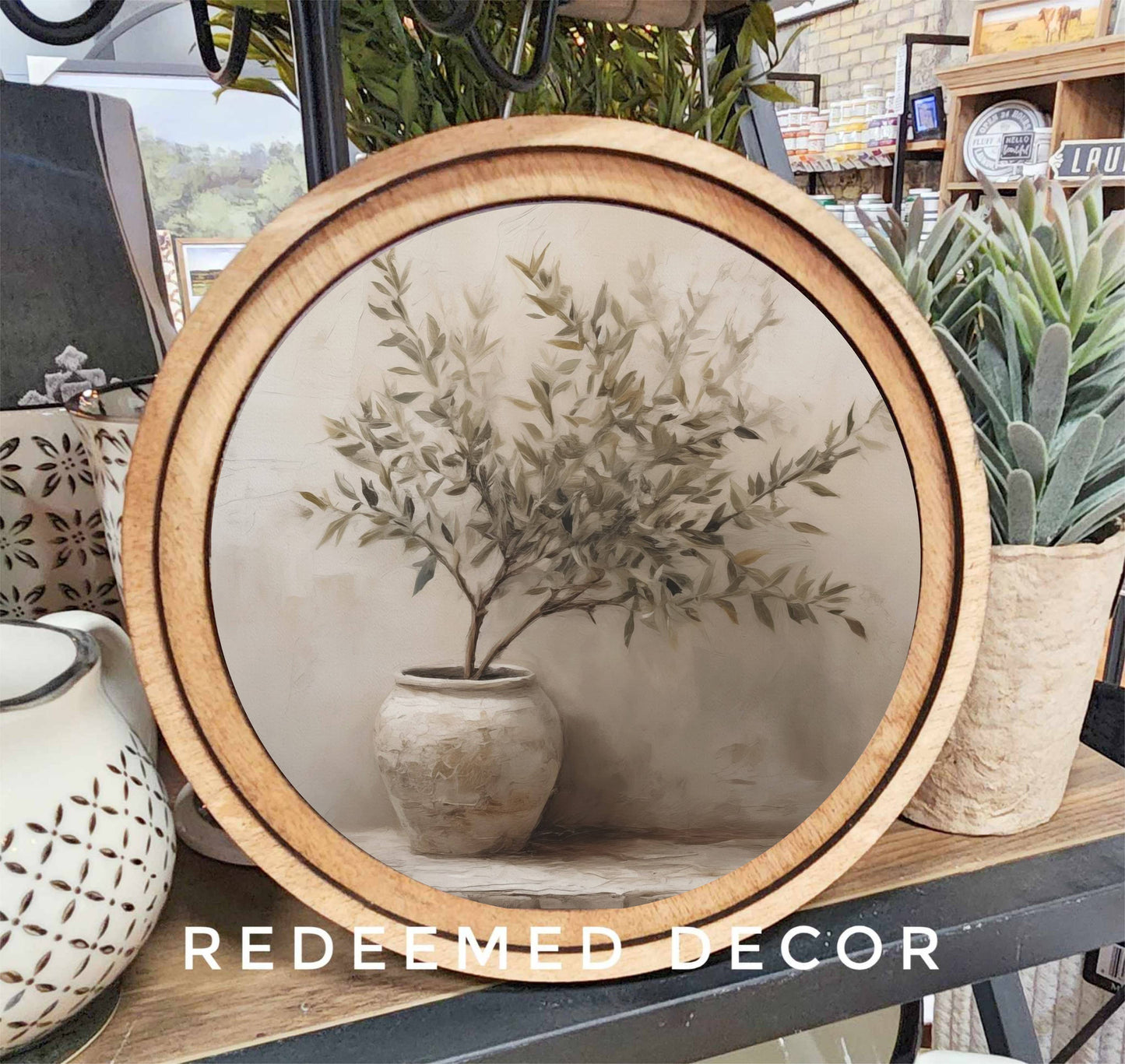 8" Round Framed Olive Tree Art