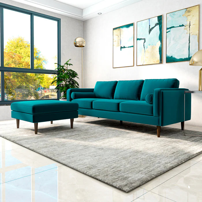 Amber Square Upholstered Ottoman (Teal Velvet)