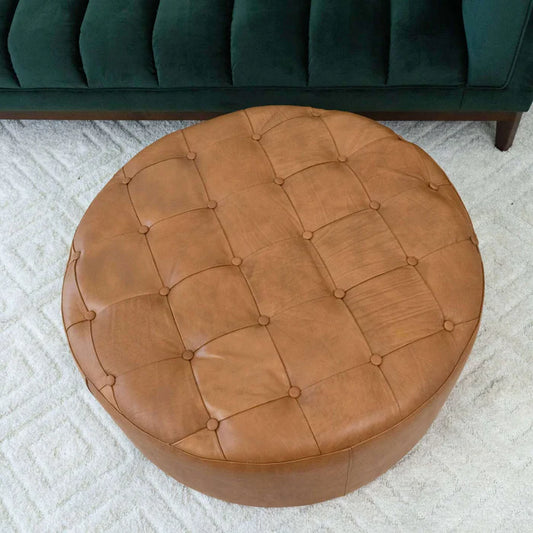 Transitional Tufted Tan Leather Ottoman 38"Round