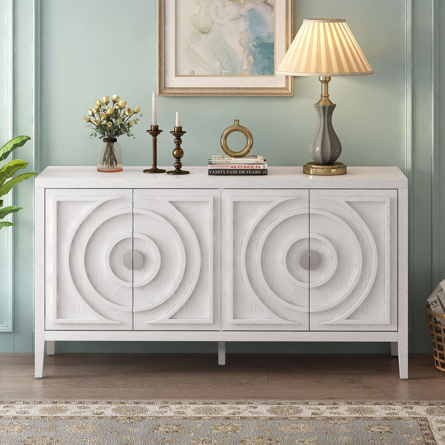 Retro Sideboard with Circular Groove Design Round Metal Door Handle, blue grey white