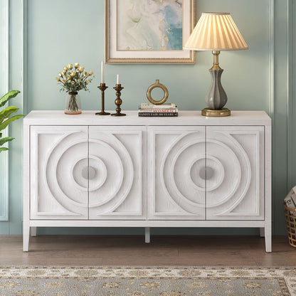 Retro Sideboard with Circular Groove Design Round Metal Door Handle, blue grey white