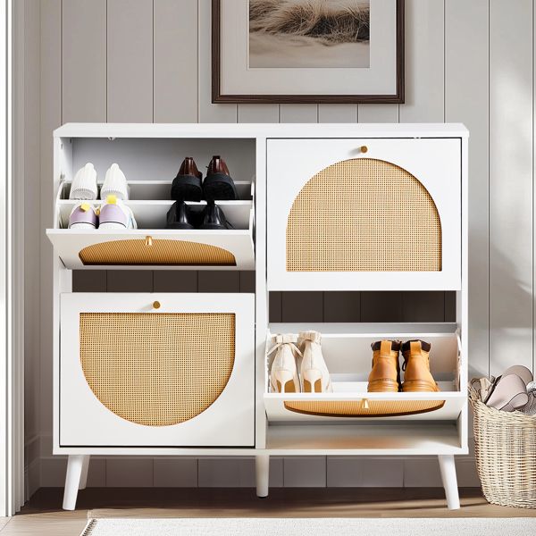 Shoe Organizing Cabinet With High Feet and Arched Top Rattan Shoe Cabinet (4 Total Bins with 2x2 Stacking Bins) 105X24x98cm, White