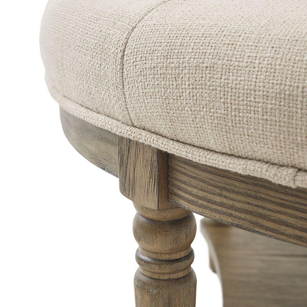 Wood and Linen Tufted Round Ottoman