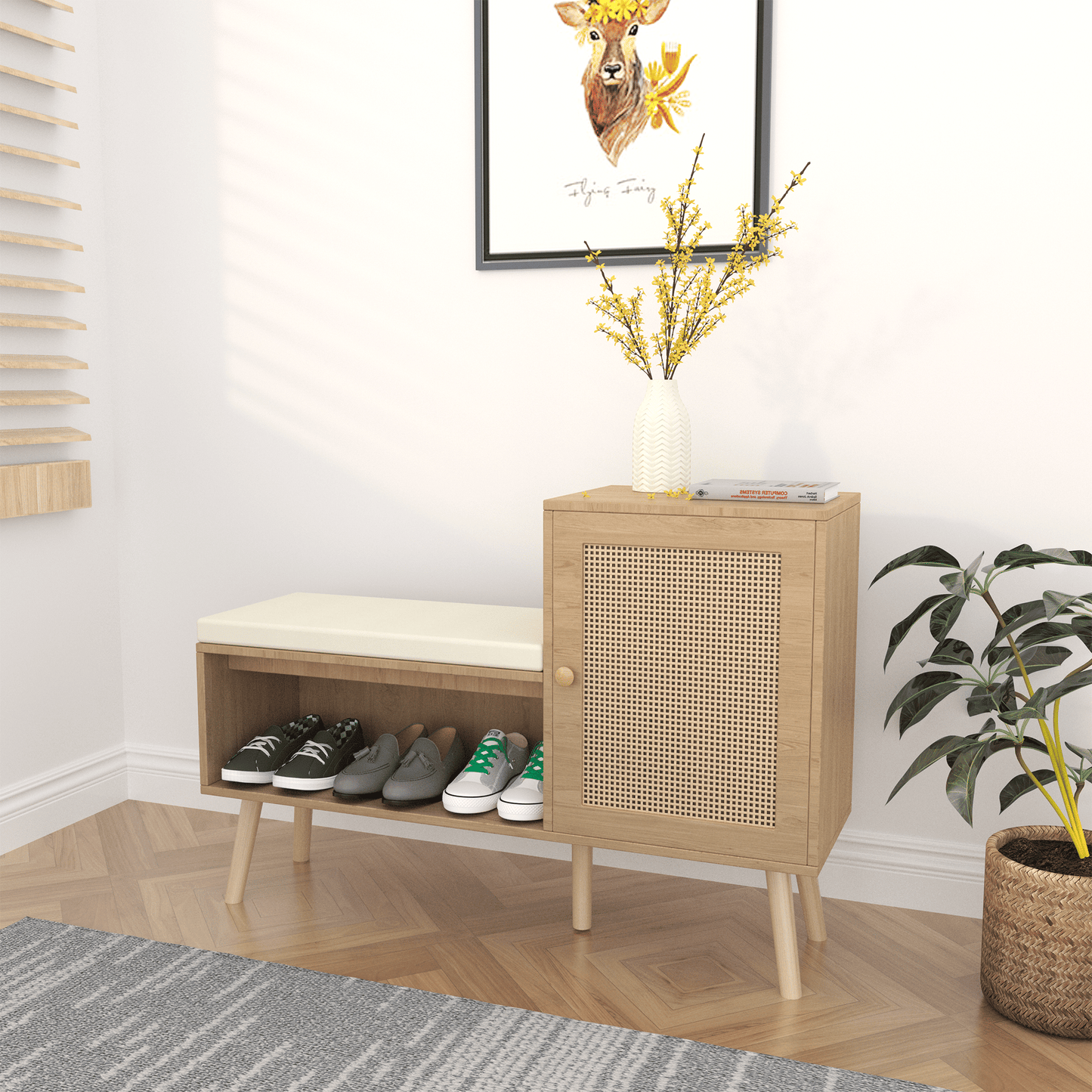 2-in-1 Shoe Storage Bench, Natural Rattan Shoe Cabinet with 2 Adjustable Shelves and Removable Seat Cushion