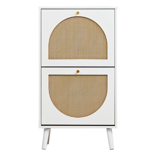 Shoe Organizing Cabinet With High Feet and Arched Top Rattan Shoe Cabinet (2 Stacking Bins) 54x24x98cm, White