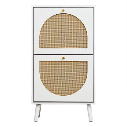 Shoe Organizing Cabinet With High Feet and Arched Top Rattan Shoe Cabinet (2 Stacking Bins) 54x24x98cm, White