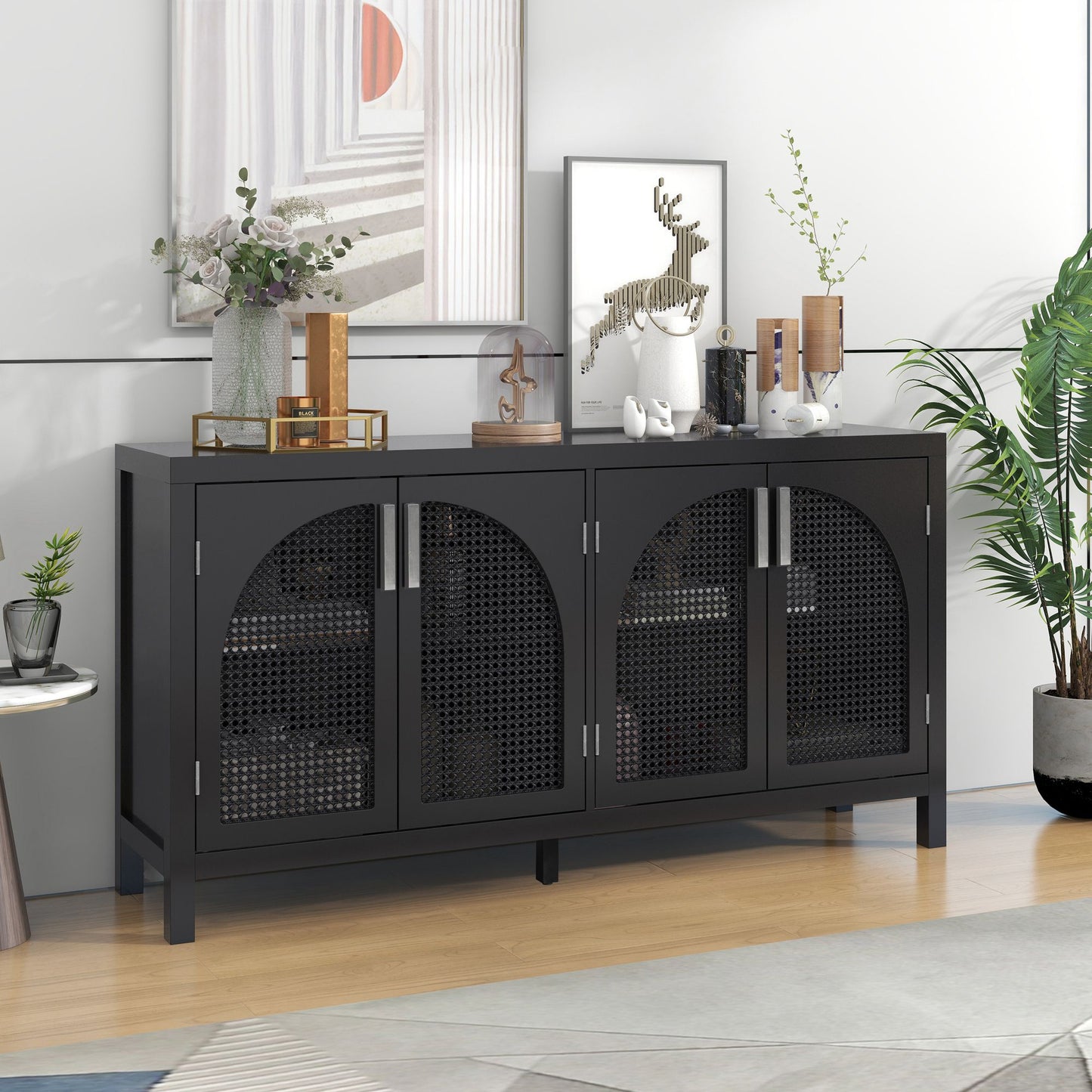 Large Sideboard with Arched Rattan Doors and Metal Handles for Entry and Dining Room