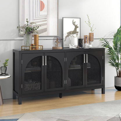 Large Sideboard with Arched Rattan Doors and Metal Handles for Entry and Dining Room