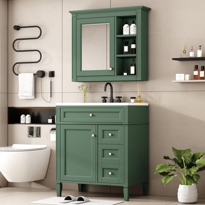 30'' Bathroom Vanity with Top Sink, Modern Bathroom Storage Cabinet with 2 Drawers and a Tipout Drawer, Freestanding Vanity Set with Mirror Cabinet, Single Sink Bathroom Vanity