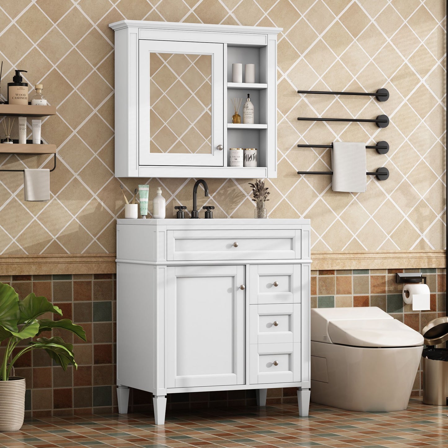 30'' Bathroom Vanity with Top Sink, Modern Bathroom Storage Cabinet with 2 Drawers and a Tipout Drawer, Freestanding Vanity Set with Mirror Cabinet, Single Sink Bathroom Vanity