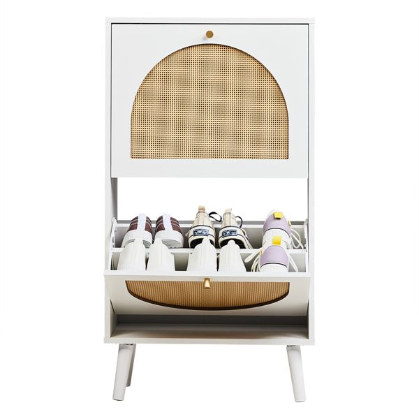 Shoe Organizing Cabinet With High Feet and Arched Top Rattan Shoe Cabinet (2 Stacking Bins) 54x24x98cm, White