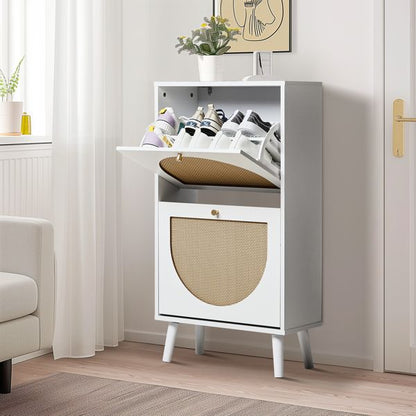 Shoe Organizing Cabinet With High Feet and Arched Top Rattan Shoe Cabinet (2 Stacking Bins) 54x24x98cm, White