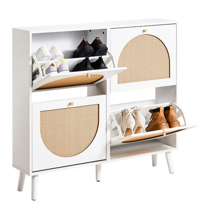 Shoe Organizing Cabinet With High Feet and Arched Top Rattan Shoe Cabinet (4 Total Bins with 2x2 Stacking Bins) 105X24x98cm, White