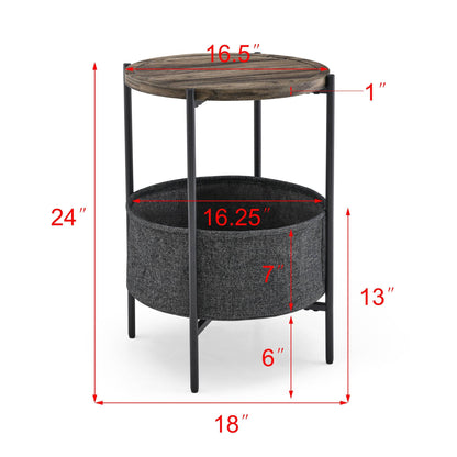 Modern Accent End Table with Storage Basket, Grey Cloth Bag and Brown Top (18'x18'x24')