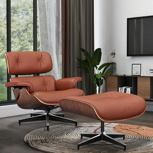 Eames Lounge Copy Armchair With Ottoman Genuine Leather Swivel Chair