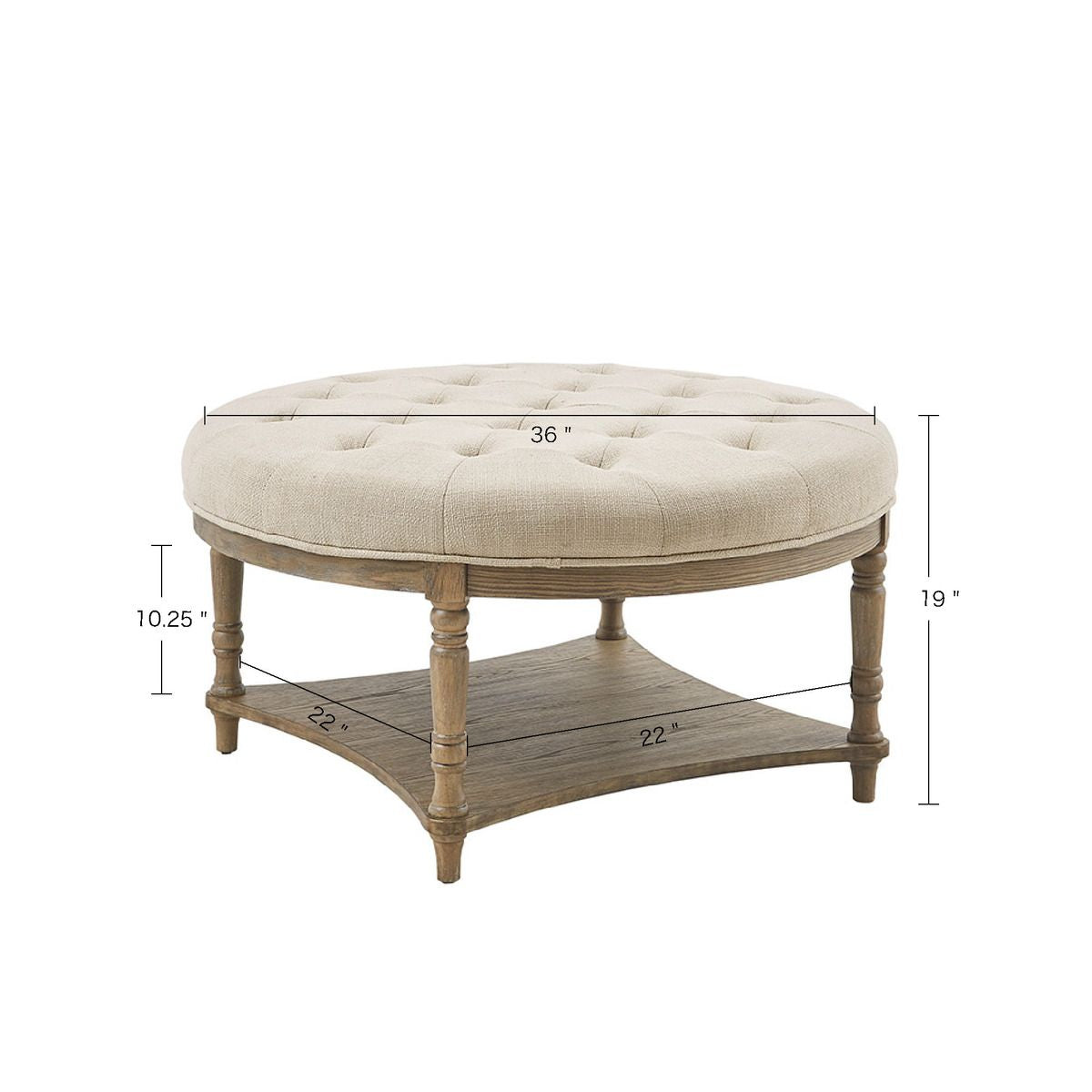 Wood and Linen Tufted Round Ottoman