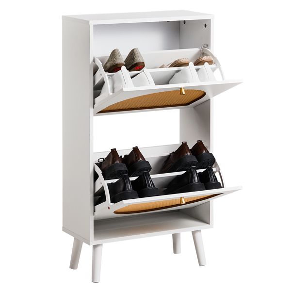 Shoe Organizing Cabinet With High Feet and Arched Top Rattan Shoe Cabinet (2 Stacking Bins) 54x24x98cm, White