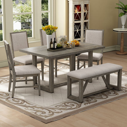 Rectangular Table with Designed Trestle Base and 4 Upholstered Chairs and 1 Bench for Dining Room and Kitchen (Gray)