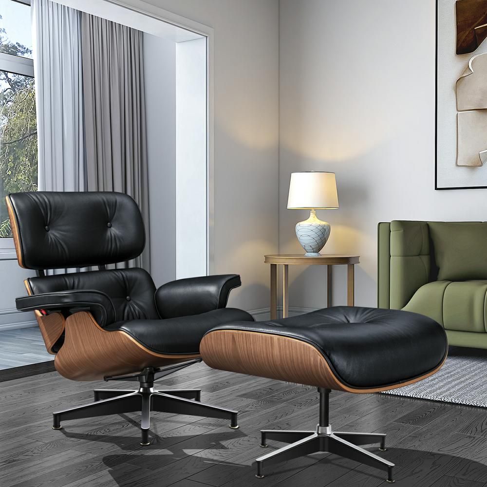 Eames Lounge Copy Armchair With Ottoman Genuine Leather Swivel Chair