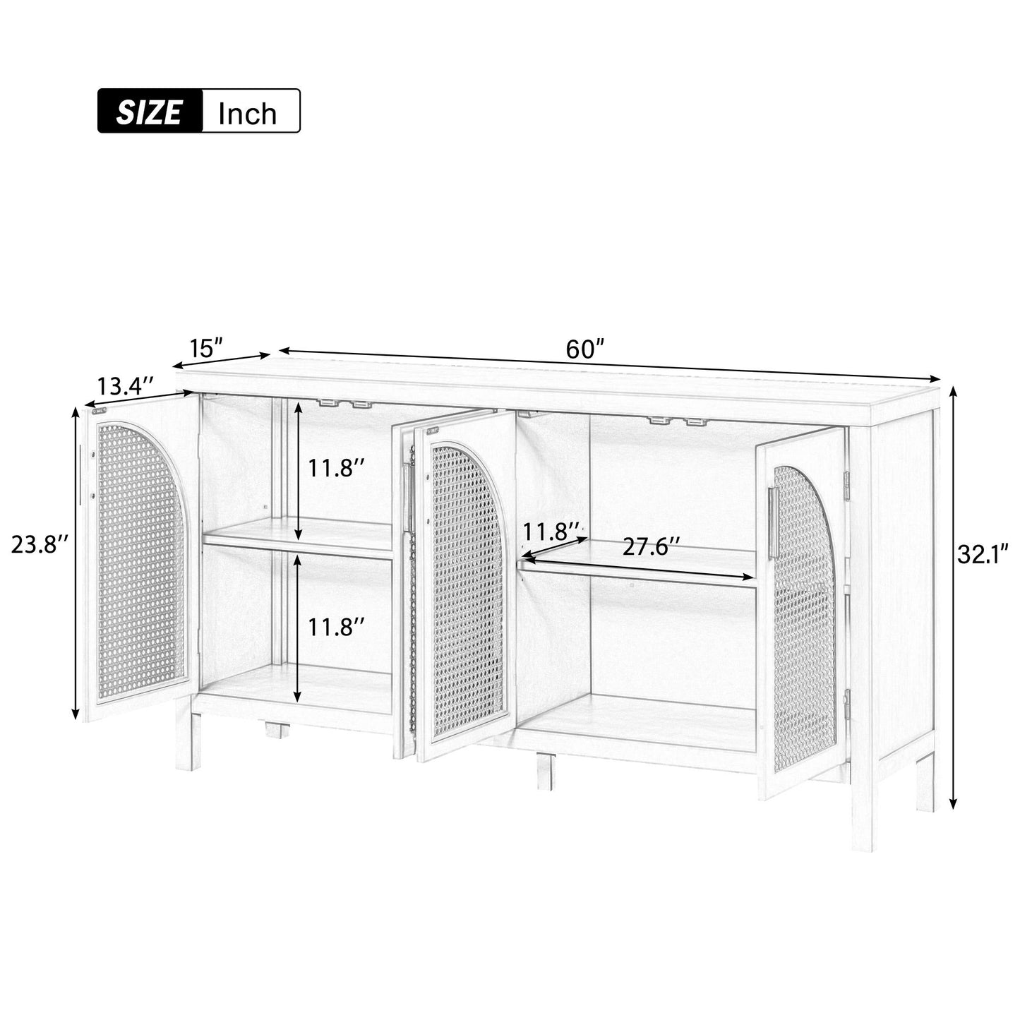 Large Sideboard with Arched Rattan Doors and Metal Handles for Entry and Dining Room