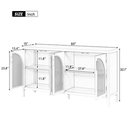 Large Sideboard with Arched Rattan Doors and Metal Handles for Entry and Dining Room