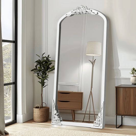 Classic Arch-Top Framed White Full-Length Floor Mirror, Entryway, Living/Dressing Room Mirror 67"x28"