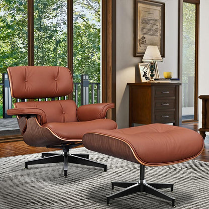 Eames Lounge Copy Armchair With Ottoman Genuine Leather Swivel Chair