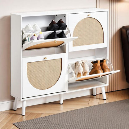 Shoe Organizing Cabinet With High Feet and Arched Top Rattan Shoe Cabinet (4 Total Bins with 2x2 Stacking Bins) 105X24x98cm, White