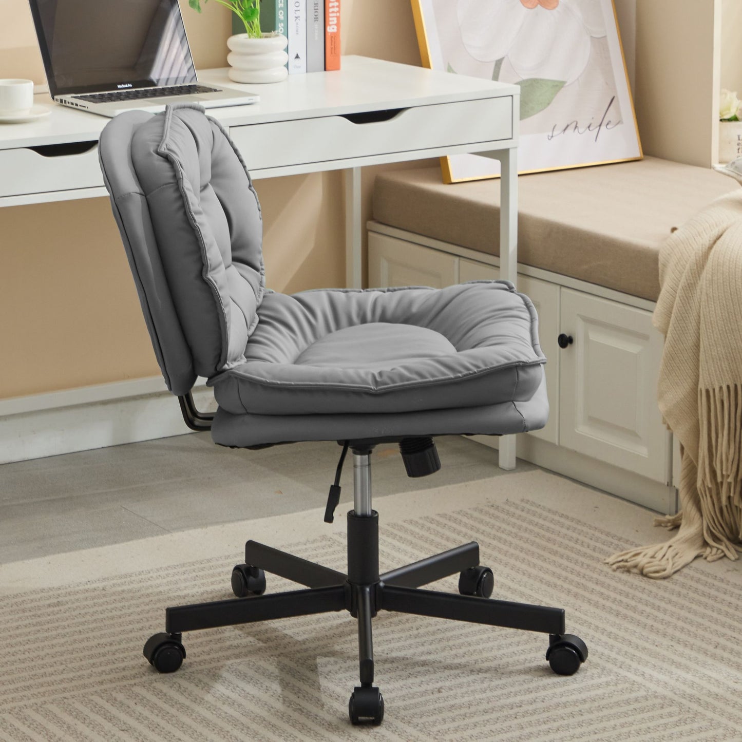 Armless Adjustable Swivel Office Chair with Wheels, PU Leather