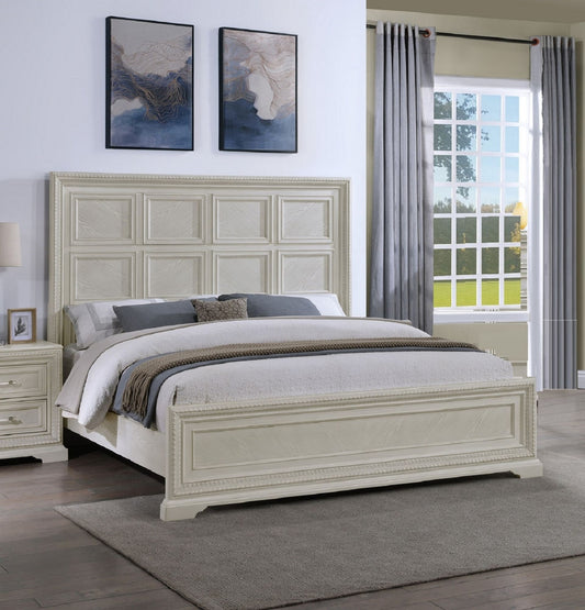 Transitional King Panel Bed White / Cream Solid Wood Bedroom Furniture