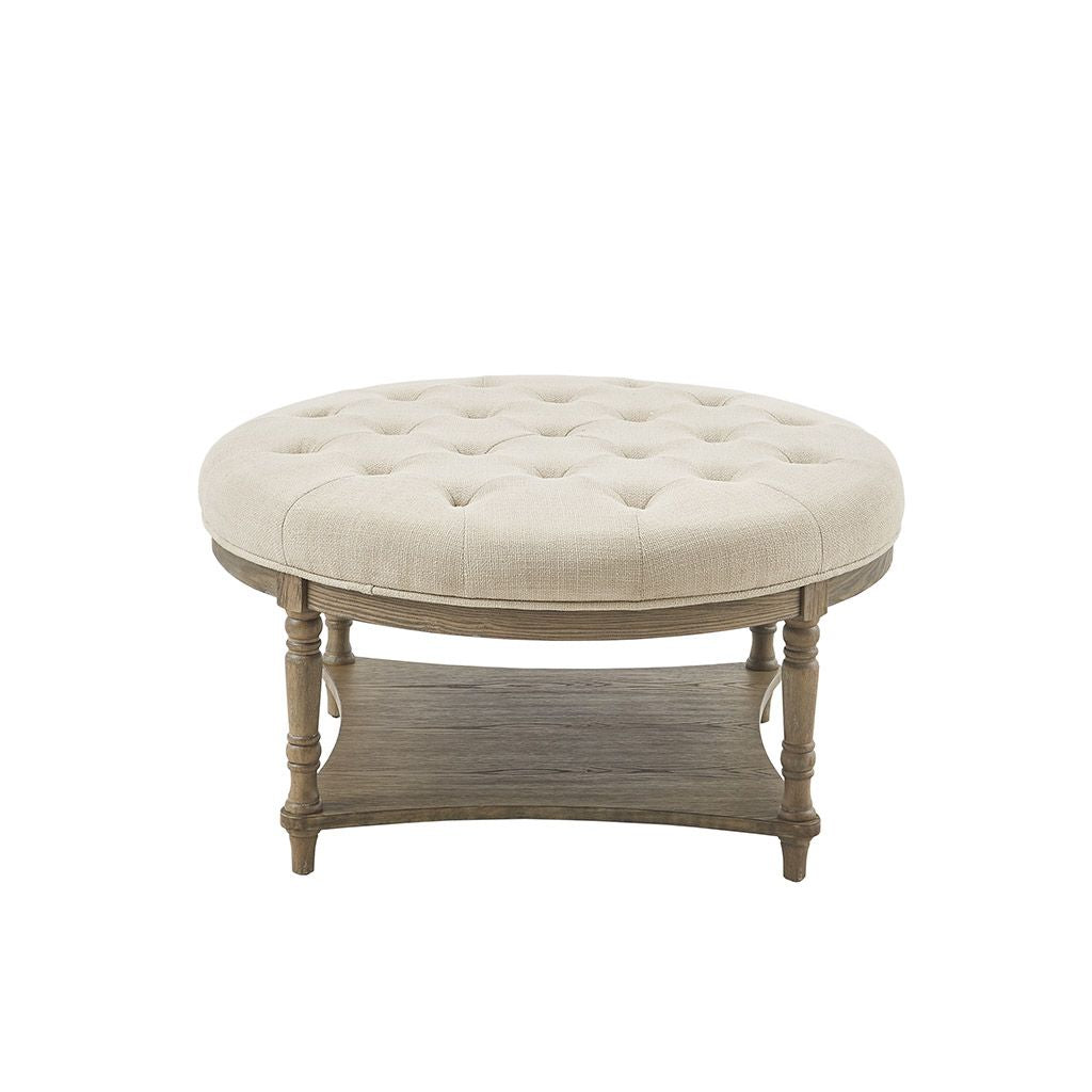 Wood and Linen Tufted Round Ottoman