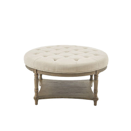 Wood and Linen Tufted Round Ottoman