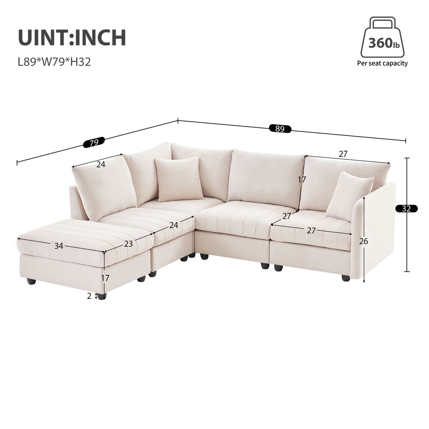 Modern Sectional Sofa with Vertical Stripes, 2 Pillows, 5-Seat Couch with Convertible Ottoman, L-Shape Various Combinations