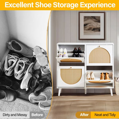 Shoe Organizing Cabinet With High Feet and Arched Top Rattan Shoe Cabinet (4 Total Bins with 2x2 Stacking Bins) 105X24x98cm, White