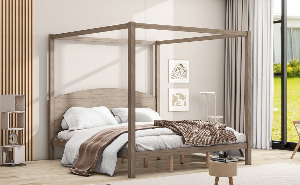 Canopy Platform Bed with Headboard and Support Legs, King Size, Brown Wash