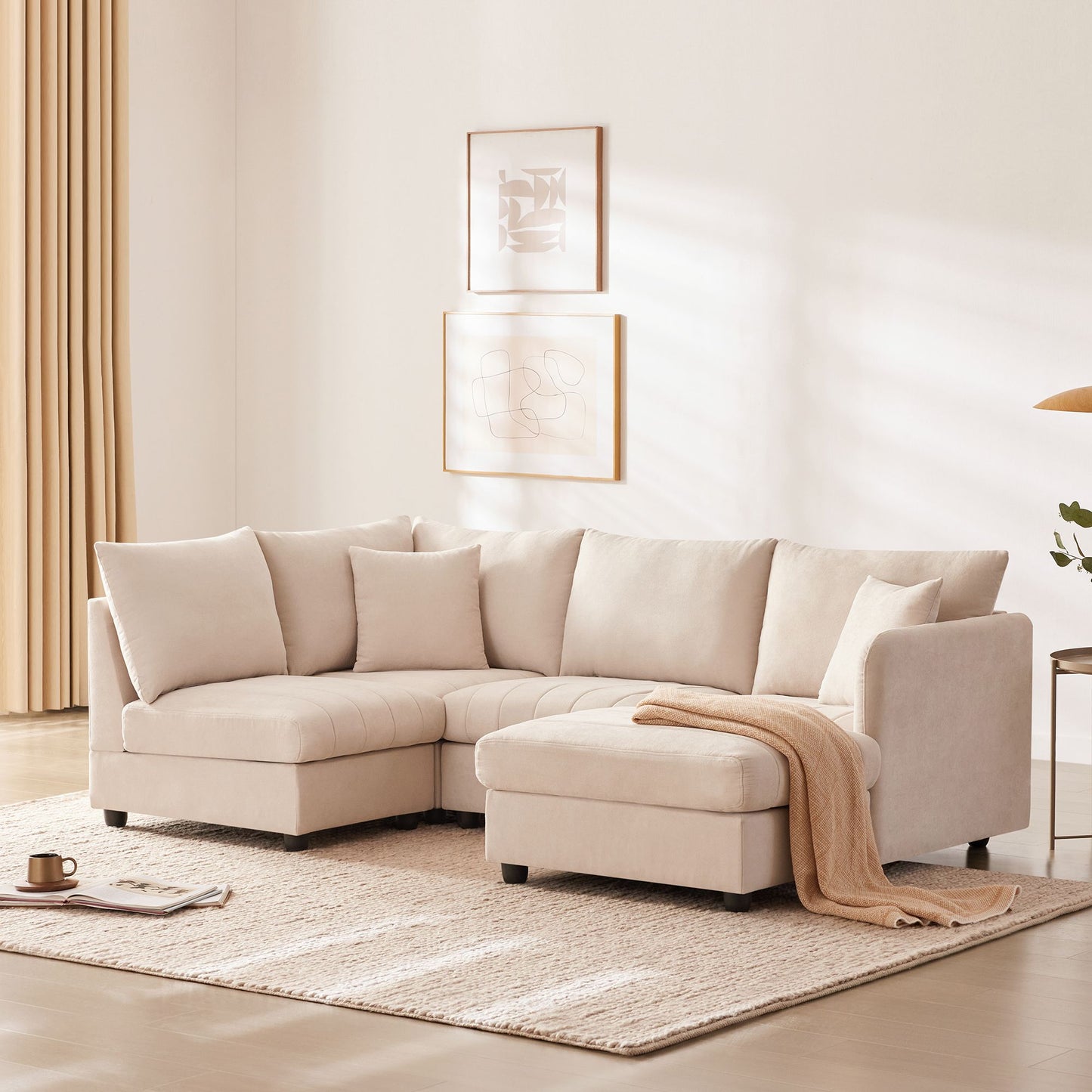 Modern Sectional Sofa with Vertical Stripes, 2 Pillows, 5-Seat Couch with Convertible Ottoman, L-Shape Various Combinations