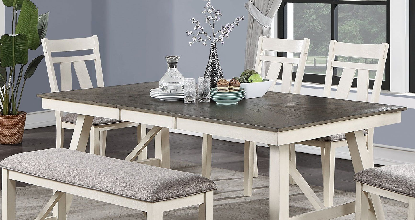 Cottage 6pc Dining Set Table w Leaf And 4x Side Chairs 1x Bench Gray Fabric Cushion Seat White Clean Lines Wooden Table Top