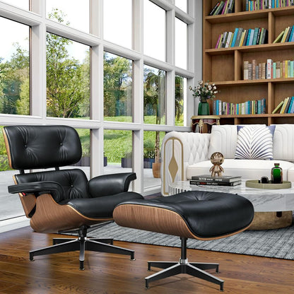 Eames Lounge Copy Armchair With Ottoman Genuine Leather Swivel Chair