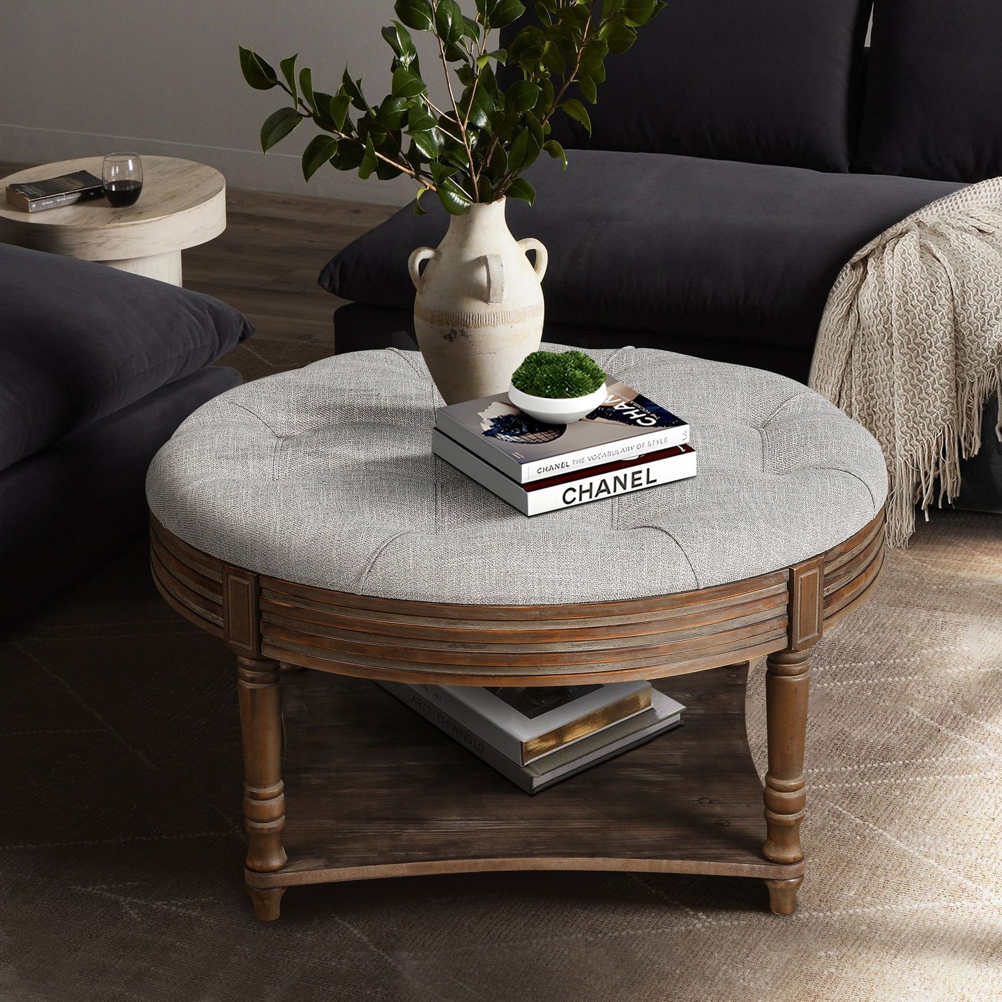 Farmhouse Upholstered Coffee Table Living Room Footstool Ottoman Linen(Light Gray)