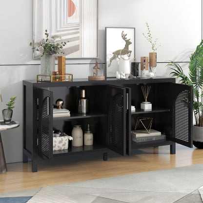 Large Sideboard with Arched Rattan Doors and Metal Handles for Entry and Dining Room