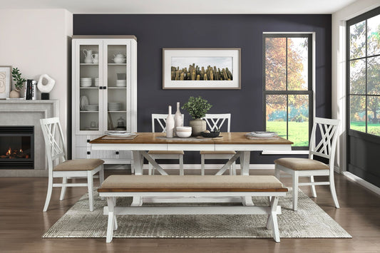 Modern Style White and Oak 6pc Dining Set Table with Extension Leaf & Bench