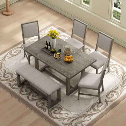 Rectangular Table with Designed Trestle Base and 4 Upholstered Chairs and 1 Bench for Dining Room and Kitchen (Gray)