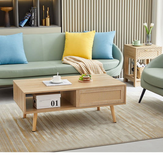 Rattan Coffee table with Sliding Door 41.34"