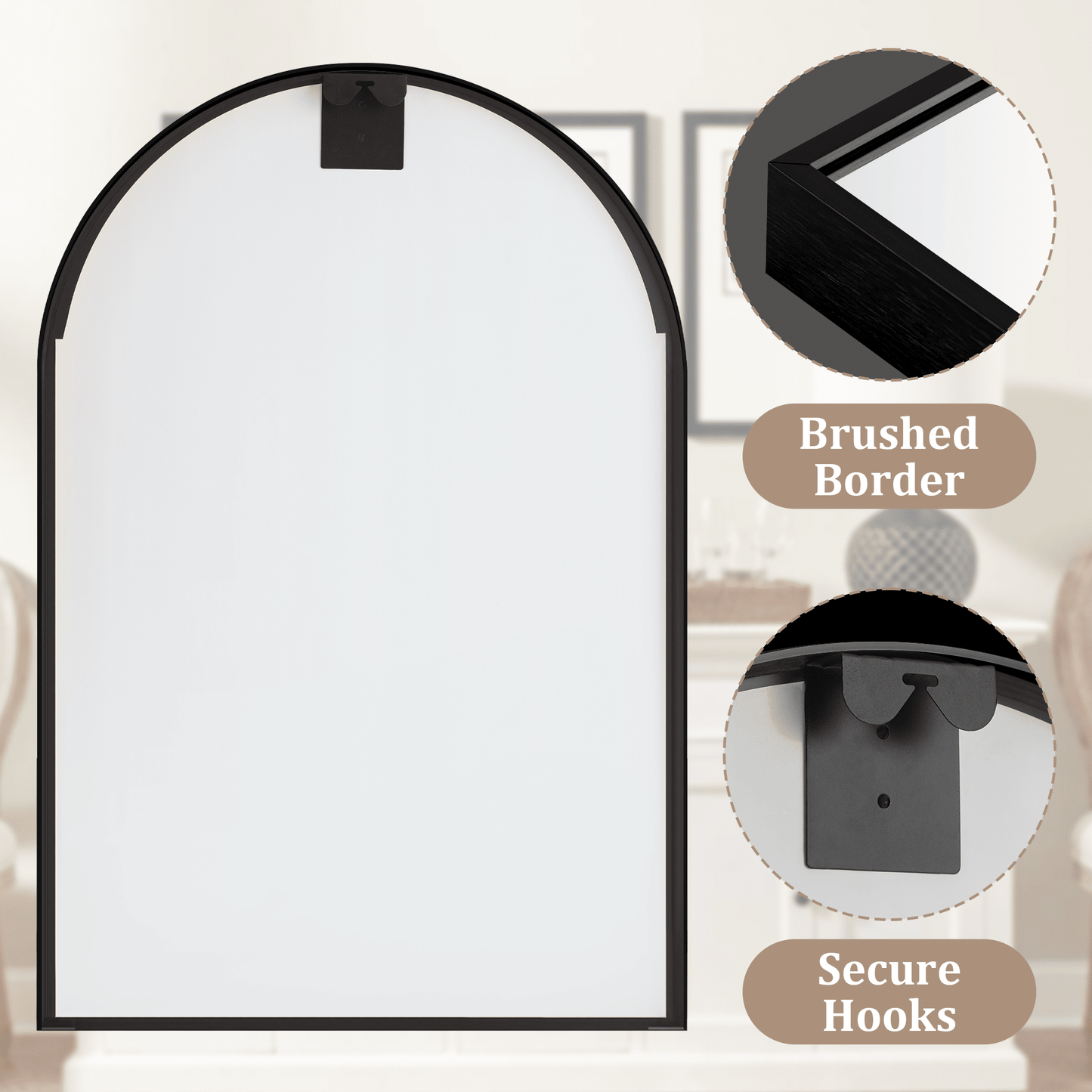 Arched Alloy Aluminum Framed Black Wall-Mounted Vanity Mirror 36"x24"