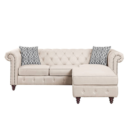 Traditional Reversible Sectional Sofa in Beige Fabric 90"