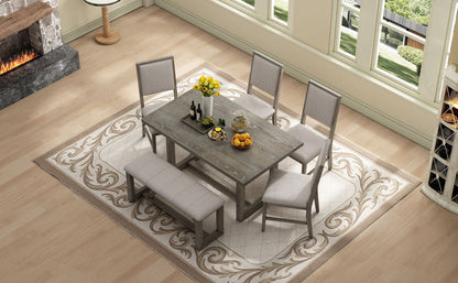 Rectangular Table with Designed Trestle Base and 4 Upholstered Chairs and 1 Bench for Dining Room and Kitchen (Gray)