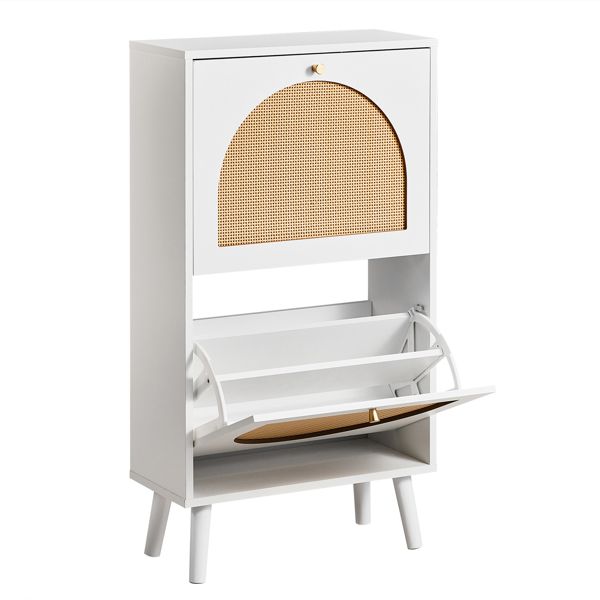 Shoe Organizing Cabinet With High Feet and Arched Top Rattan Shoe Cabinet (2 Stacking Bins) 54x24x98cm, White